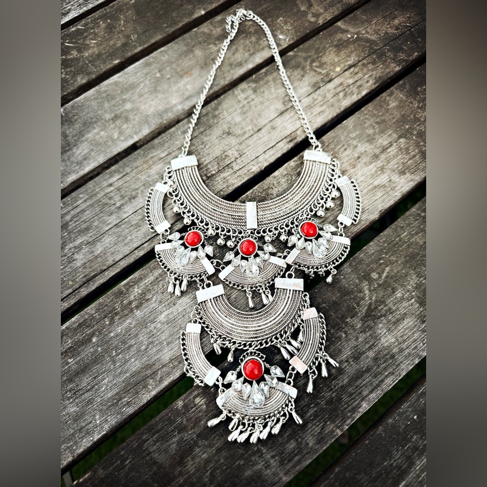 Silver and Red Indian Tribal Bib Statement Necklace